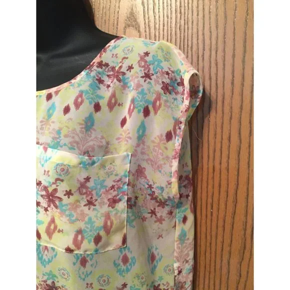 Decree Blouse Womens Size S Sleeveless Yellow Floral Multi Sheer Top Longer Back - Picture 6 of 9